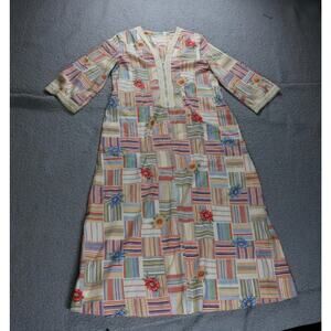 Vintage Keyloun Dress Patchwork Large Print Crochet Trim Caftan 70s House Coat